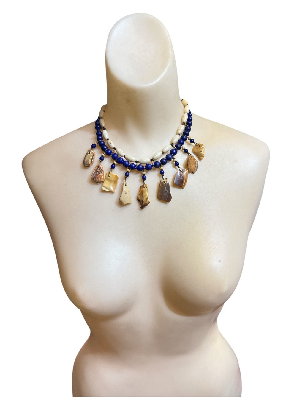 Vintage Alaska Native Walrus Ivory Bone Lapis Bib Collar Choker Necklace 17.5”